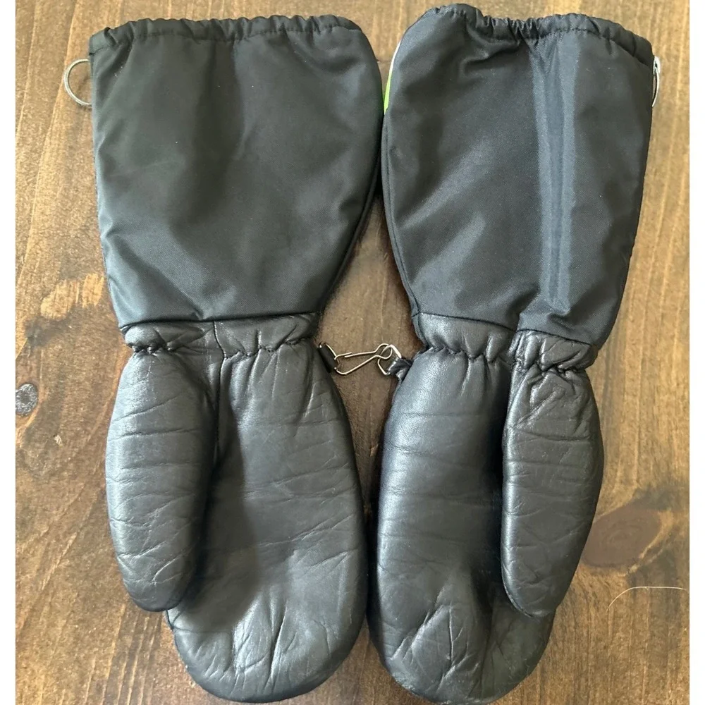 Vintage Ski Mittens Jr Large Black Genuine Cowhide Leather Neon Stripe Japan